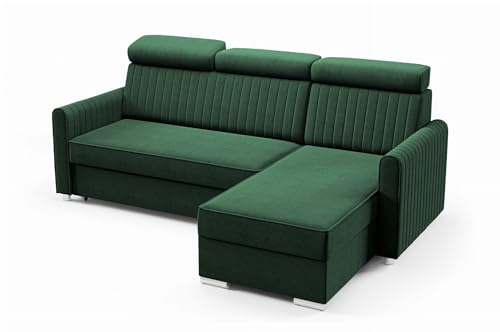 LIKMA Neli Dunkelgrün Ecksofa mit Schlaffunktion und Bettkasten 213x100x165 cm, Sofa L-Form, Schlafsofa, Verstellbare Kopfstützen, Wohnlandschaft, Schlafcouch, Moderne Sofas & Couches Stoff: Cloud 39