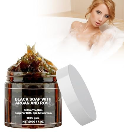 Marokko Schwarze Seife Mit Morocco Body Scrub Black Soap Natürliche Marokkanische Schwarze Seife, African Black Soap Bar, Schwarze Seife Körper Peeling Seife, Peeling Duschgel für Weiche Haut (3)