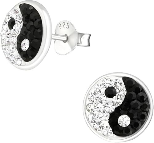Zenvie Yin-Yang-Ohrstecker mit 52 Pavé-Kristallen, Silber 925 | 925er Sterlingsilber, 9x9 mm, nickelfrei, Geschenkbox, mit 52 pavé-kristallen