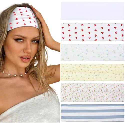 Nayyana 6 Stück modische Stirnbänder für Damen, kurzes Haar, rutschfest, elastisch, Blumen-Haarbänder, weiche Stoff-Haarbänder für Damenhaar, 5 cm dickes Streifen-Stirnband