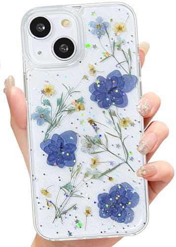Abbery Handyhülle für iPhone 13 Mini/iPhone 12 Mini Hülle Getrocknete Blumen Glitzer Muster Durchsichtig mit Motiv Aesthetic Design Silikon Frauen Mädchen Stoßfeste Anti-Kratzer Schutzhülle (Violett)