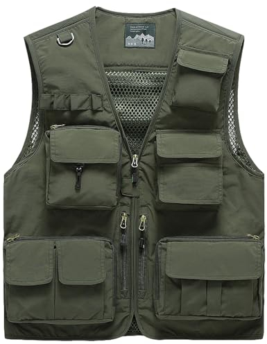 Vanchenl Herren Freizeit Safari Angeln Outdoor Arbeit Weste Jacke Foto Reise Cargo Mesh Weste Multi Taschen Armeegrün M