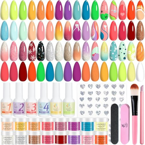 Lavender Violets Dip Powder Nail Kit 30 Colors Classical Red Orange Yellow Mint Green Blue Purple Glitter Acrylic Liquid Set Base Top Coat Activator Brush Saver with Sticker Manicure Starter B707-703