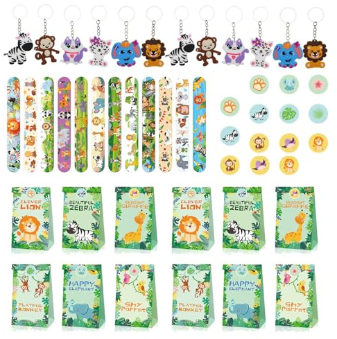 Yhjxly 36Pcs Dschungel Safari Party Mitgebsel,Kindergeburtstag Gastgeschenke Tiere Geschenktüten,mit Slap Armband Schlüsselanhänger,für Kindergeburtstag Jungen Dschungel Party