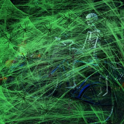 RANJIMA Decorazioni di Halloween: Ragnatele, Addobbi Casa, 200g Spider Web + 30 Ragni Neri Finti, Luminosa Ragnatela all'Aperto, per Feste e Decorazioni