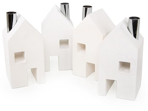 Logbuch-Verlag 4 Stabkerzenhalter Häuser Adventskranz aus Zement weiß Silber Kerzenhalter für Stabkerzen Deko Haus 18 cm