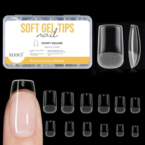 EODCI Kurze Quadrat Nagel Tips 600PCS Soft Gel Full Cover Nagelspitzen Kunstnägel 12 Größe Künstliche Zum Aufkleben PMMA Pre-Buffed Tipps für Nagelstudios und Diy Nail Art Zu Hause