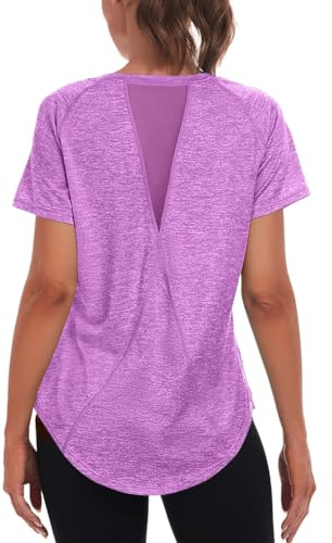 Jlowesun Women's Long Gym Yoga Tops Ladies Sports T-Shirt, Short Sleeve Summer Quick Dry Fitness Athletic Workout Loose Plus Size Activewear for Running Exercise Tee Purple