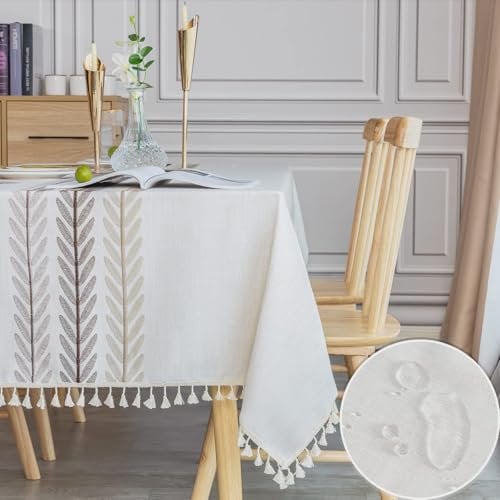 SUNBEAUTY Tischdecke 140x260 wasserdichte Abwaschbar Tischtuch Elegant Baumwolle Leinen Rechteckig Tischwäsche Tischdecke mit Tischdecke Quaste für Home Küche Speisetisch Dekoration