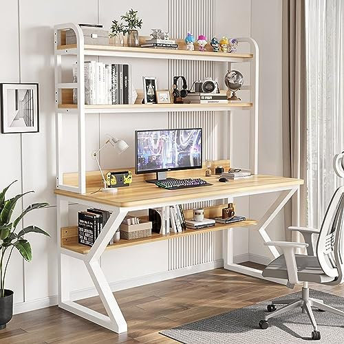 GHHDPDMJ Computertisch mit Aufsatz und Bücherregal, PC-Schreibtisch, Home-Office-Schreibtisch, Arbeitstisch für Erwachsene/Studenten (99,1 cm, Walnuss + weißer Rahmen)