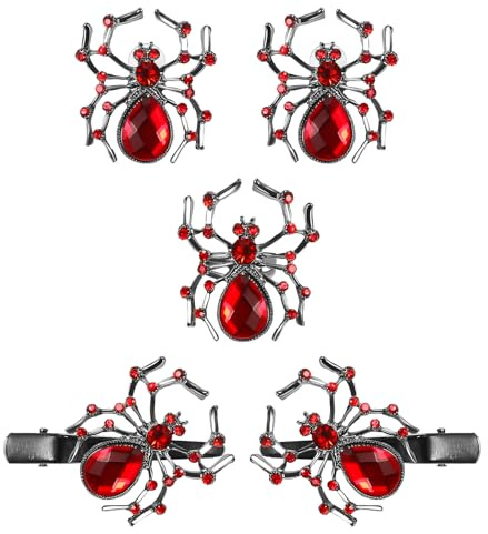 Flongo Halloween Spinne Rubin Schmuckset: 3 Stück Ringe Ohrringe Haarclip rubin Rot Spider Schmuck Set Gothic Halloween Horror Spinne Kostüm Party Hexe Nachtclub Zubehör