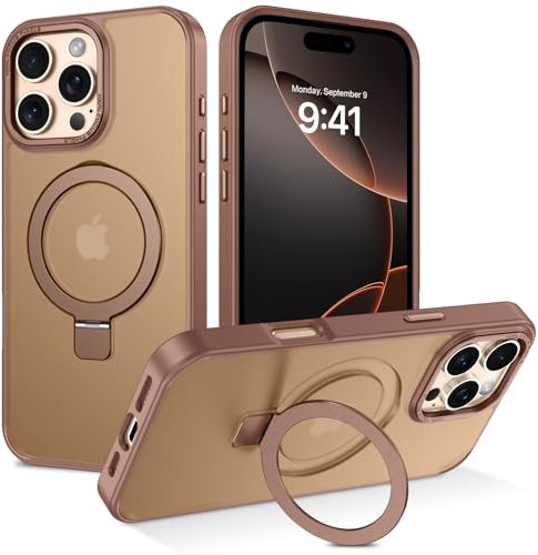 BENTOBEN Magnetic Case for iPhone 16 Pro with Stand [Compatible with Magsafe], Invisible Ring Stand Translucent Matte Military Grade Shockproof Slim Cover for iPhone 16 Pro, Desert Titanium/Brown