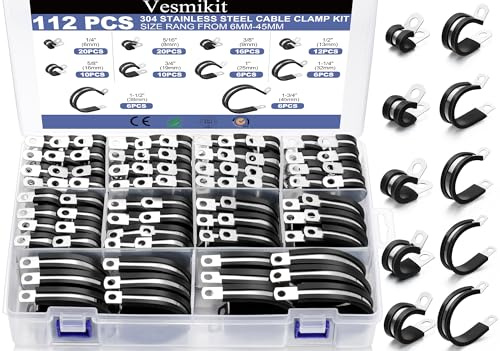 Cable Clamps—112 PCS 10 Sizes-1/4 5/16 3/8 1/2 5/8 3/4 1 1-1/4 1-1/2 1-3/4 Stainless Steel Pipe Clamp Assortment Kit Rubber Cushion Insulated Wire Clamps for Hose,Tube,Automotive,Fuel Line