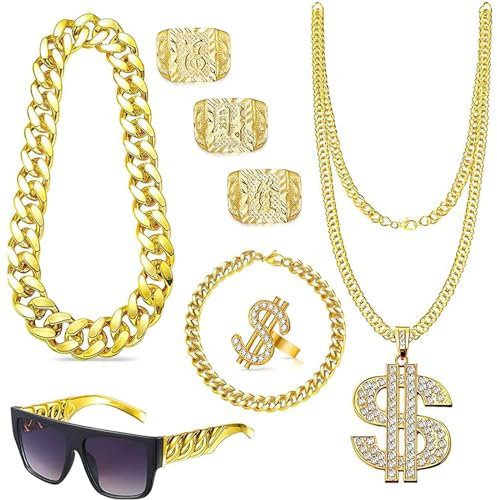 Hip Hop Kostüm Kit 8 Stück Rapper Accessoires, 80er 90er Jahre Outfit Herren Hip Hop Zubehör mit Sonnenbrille Goldkette Dollar Halskette Ring Armband, Zuhälter Kostüm für Karneval Mottopartys Cosplay