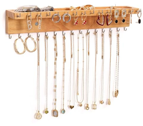 NIUBEST Halskettenhalter Organizer Wandmontage, Schmuckhalter Organizer mit 30 Haken, Eichen Schmuckorganizer und Aufbewahrung für Halsketten, Armbänder und Ringe (Holzfarbe)