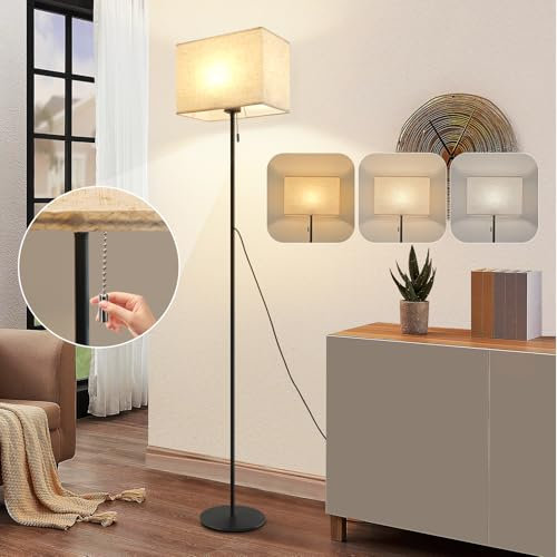 GBLY Stehlampe Wohnzimmer Vintage Stehleuchte: Standleuchte mit LED Lampe Dimmbar 134cm Standlampe Beige Lampenschirm 3000K-6500K Wohnzimmerlampe Seilzugschalter Retro Stoff für Schlafzimmer