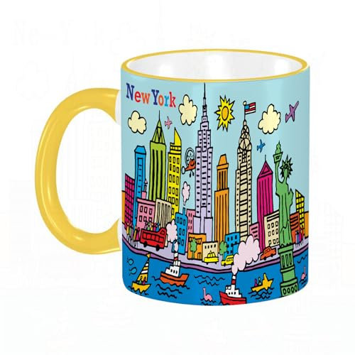 YOIUE Tasse aus Keramik - Große 11oz Tassen 330ml Kaffeetassen mit Henkel, 100% Handbemalt - Trinkgläser mit Griff - Weiß,Spielzimmerdeko, New York City im Cartoon-Stil