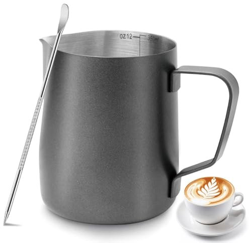 Jarra de leche de 350 ml/12 oz de acero inoxidable con medición Mark y Latte Art Pen, cafetera espumante para capuchino, espresso, latte, perfecta para los amantes del café (negro)