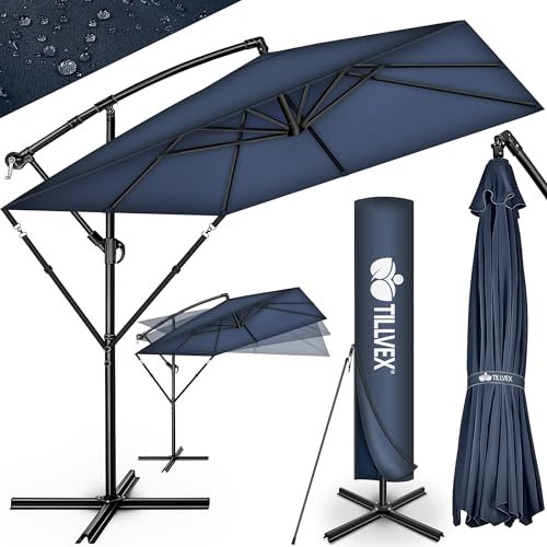 tillvex® Sombrilla de Jardín Rectangular Ø 330 cm con Manivela + Funda con Manivela | Sombrilla con soporte & Protección Viento | Parasol mercado impermeable + Protección UV (Azul - sin LED)