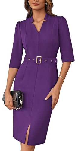 GRACE KARIN Abito midi aderente da donna con maniche a 3/4, elegante, scollo a V, vestibilità aderente, abito da lavoro con cintura, Viola, L