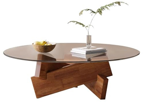 GAOAZHEN Mesa de Centro de Madera, Redonda de Vidrio, con veta rústica de Madera, Circular, Transparente, para Sala de Estar, hogar, Espacio pequeño, 80 cm