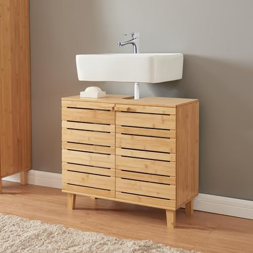 [en.casa] Mueble Bajo Lavabo Epind Mueble Auxilar de Baño con 2 Puertas Armario Bajo Lavabo 60 x 66 x 30 cm Bambú - Natural