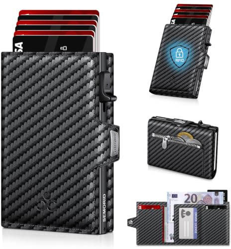 Geldbörse Herren, Portmonee Herren mit Münzfach & RFID Schutz, Slim Wallet Pop-up Kartenetui Herrens, Geldbeutel Herrens für 9-11 Karten ID-Fenster Geldscheinfach Smart Wallet for Men (Kohlefaser)