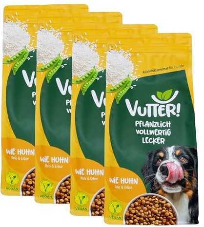VUTTER ! Trockenfutter Wie Huhn, 4x1kg: Hundefutter Vegan - Alleinfutter für Hunde - Hundetrockenfutter reich an Omega-3 & Ballaststoffen, mit Inulin & MOS für Verdauung. Ohne Farbstoffe. Pflanzlich