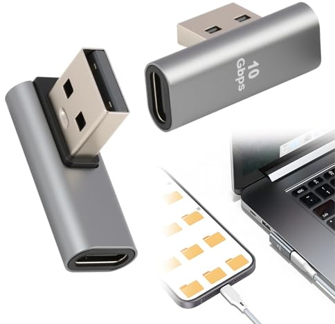 2Pcs Adaptateur USB C à USB 3.1 à Angle de 90°, Connecteur en L USB C Femelle vers USB 3.1 Mâle, Transfert de Données 10Gbps, Alliage Aluminium Connecteur pour Charge et Transmission Audio/vidéo