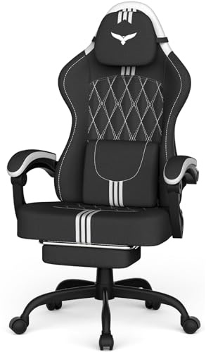 Ferghana Silla Gaming Ergonómica - Reposacabezas, Reposapiés, Cojín Lumbar, Altura Regulable, Giratoria, Tejido Lino Transpirable, Apta como Silla Oficina, Escritorio o PC (Negro-Blanco)