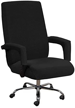 ZESHGON Office Chair Cover, Stretchable Computer Desk Chair Slipcover with Armrest Sleeve Universal Thick Checked Jacquard High Back Office Seat Cover, Machine Washable(XL,Black)