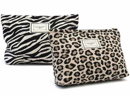 Sunolkie 2er Set Kosmetiktasche für Damen, Make-up Tasche für Reisen mit Zebra- und Leopardenmuster, Beauty Case mit Reißverschluss, Kulturbeutel Organizer