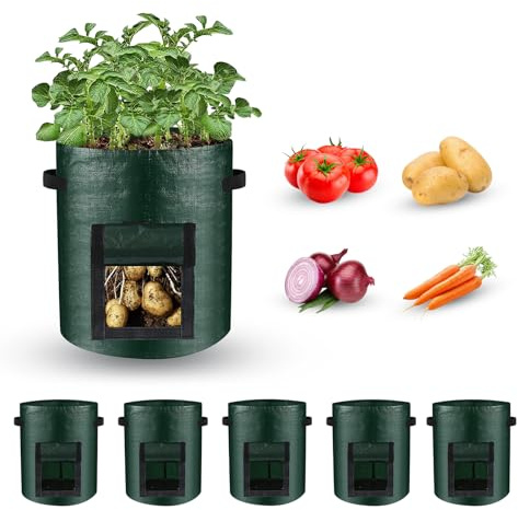 Cskunxia 15 Gallon Potato Grow Bag, 5 Pack Potato Planting Bag, Vegetable Grow Bags with Handles, Garden Planter Pots with Harvest Window for Potatoes, Carrots, Tomatoes with Tools