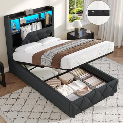 Brinlawb 3ft Ottoman Single Bed Frame with Charging Station & LED Lights, Single Bed Frame with Hydraulic Lift Mechanism, Upholstered Storage Headboard, Lift-Up Underbed Storage, Easy Operation, Grey