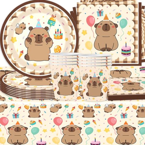 61 piezas Kawaii Capybara Party Vajilla, SANYUANHE Cute Animal Capybara Decoración de cumpleaños, Capy-bara Niños Temas Suministros de Fiesta Platos de Papel Vasos Servilletas Mantel (B)