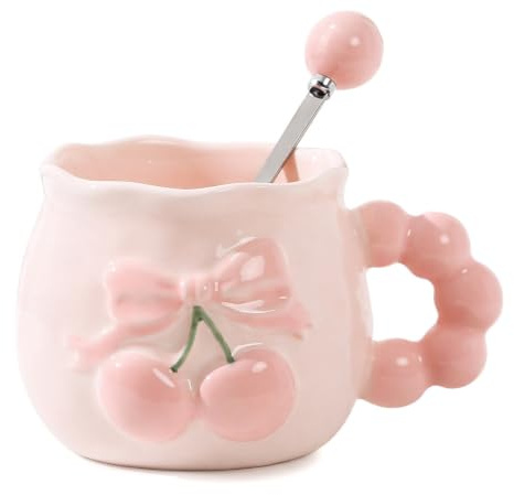 Coffee Mugs with Spoon Set, Pink 3D Embossed Bow Design, 300ml Creative Cute Ceramic Coffee Mug, Home Decor Valentine'S Christmas Birthday Thanksgiving Day Cute Gifts for Women Girls Bestie Friends