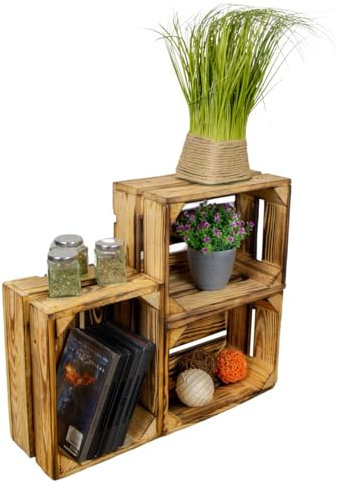 kleine geflammte massive Obstkiste Frieda Maße ca 30x22x16cm Weinkiste Regalkiste Ablageregal (3er set Frieda geflammt)
