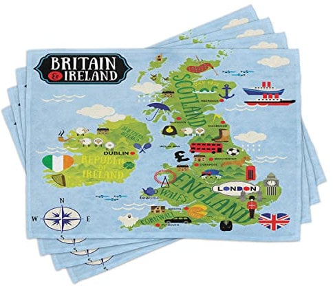 ABAKUHAUS Fernweh Platzmatten, Cartoon Karten von Großbritannien Irland Kinder Soldat Sehenswürdigkeiten, Waschbare Stoff Esszimmer Küche Tischdekorations Digitaldruck, Apfel