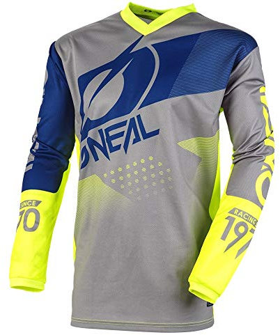 O'NEAL | Motocross-Jersey | MX Enduro Motorrad | Maximale Bewegungsfreiheit, Gepolsterter Ellbogenschutz, Atmungsaktives Material | Element Jersey Factor | Erwachsene | Grau Blau Neon-Gelb | Größe M