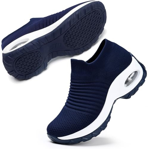 STQ Scarpe Camminata Donna Comode Ginnastica Senza Lacci Platform Sneakers Slip on Arch Support Ortopediche Antiscivolo Sportive Casual Blu Scuro 42 EU