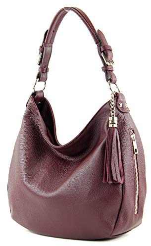 modamoda de T200 Damen Leder Schultertasche Henkeltasche handmade in Italy, Farbe:Bordeauxviolett