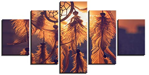 XSHUHANP Kunstdrucke Auf Leinwand Gemälde Wandkunst Für Wohnzimmer Wohnkultur 5 Stücke Sonnenuntergang Dreamcatcher Bilder Hd Druckt Feder Poster Rahmen
