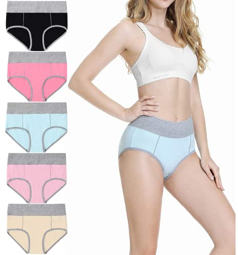 TUUHAW Damen Unterhosen Baumwolle Slips Damen Hoher Taille Atmungsaktive Taillenslip Wochenbett Unterwäsche 5er Pack Mehrfarbig 01-L