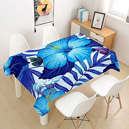 Hiseng Tischdecke Wasserdicht Tischwäsche, Rechteckig Abwaschbar 3D Tropische Pflanzen Drucken Polyester Tischdecken Abwischbar Tischtuch für Küche Party Outdoor Garten (Blau,140x180cm)