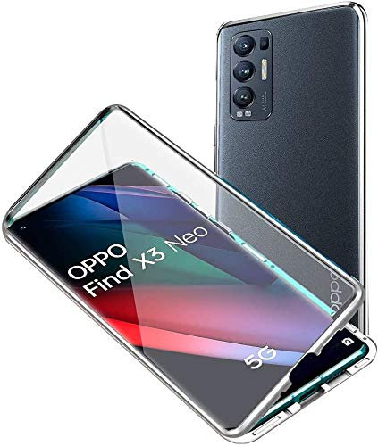 Handyhülle für OPPO Find X3 Neo Hülle Magnetische Adsorption Ultra dünn Metallrahmen 360 Grad Schutzhülle Vorne und Hinten Transparent Vollbildabdeckung Gehärtetem Glas Schutz Case Flip Cover,Silber