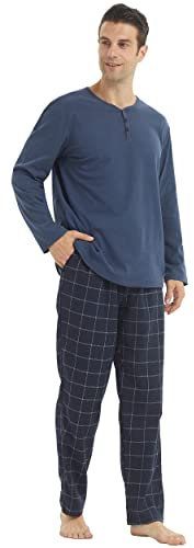 YUSHOW Ensembles de Pyjama Homme Hiver Henley T-Shirt en Polaire à Long Manche Ultra Doux Flanelle Bas de Pyjamas Carreaux avec Poches Vêtements de Détente, Carreaux Bleu Marine+Bleu Marine, L