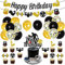 Gym Geburtstag Dekorationen Schwarz und Gold - Fitness Motto Party Supplies für Männer - Gewichtheben Thema mit Cake Topper, Glitzer Happy Birthday Banner