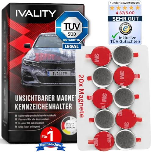 IVALITY® 100% Clean | Magnet Kennzeichenhalter hinter der Stoßstange für 1 Kennzeichen | Rahmenlose Magnetische Nummernschildhalterung Auto | Kennzeichenhalterung Nummernschildhalter