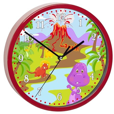 CreaDesign, Wanduhr für Kinderzimmer Dino, Kinderuhr rot mit Quarz Uhrwerk, personalisiert mit Name, Durchmesser 19,5 cm