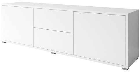 Mirjan24 TV Lowboard Gesita 2D2SZ, Fernsehschrank mit 2 Schubladen und 2 Türen, Griffloses Öffnungssystem, Fernsehtisch, TV Schrank, TV-Tisch, Highboard, Sideboard, Naturtöne, TV Bank (Weiß)